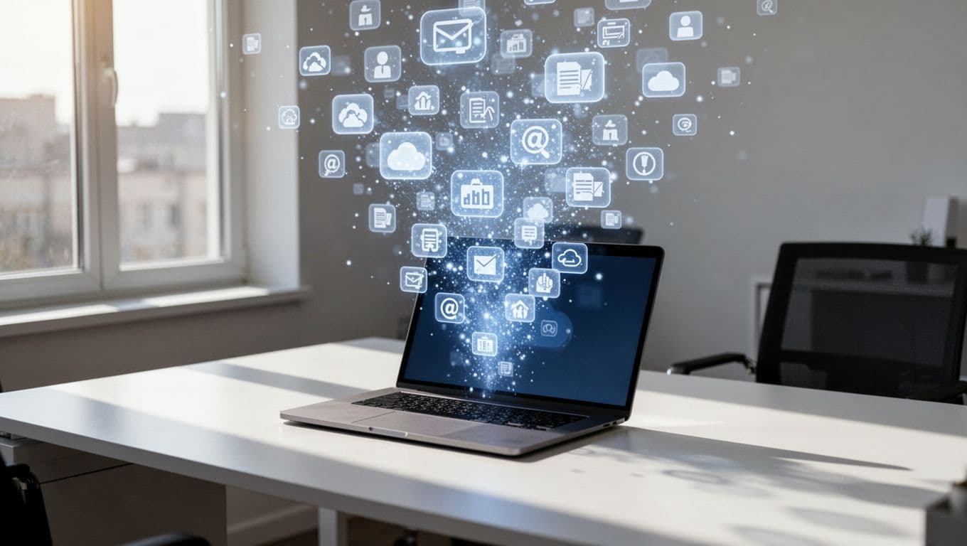 Realistic photo of data icons floating upwards from a computer on an office desk toward a blue sky, in blue and white tones, illustrating cloud backup without people, text, logos, or watermarks.