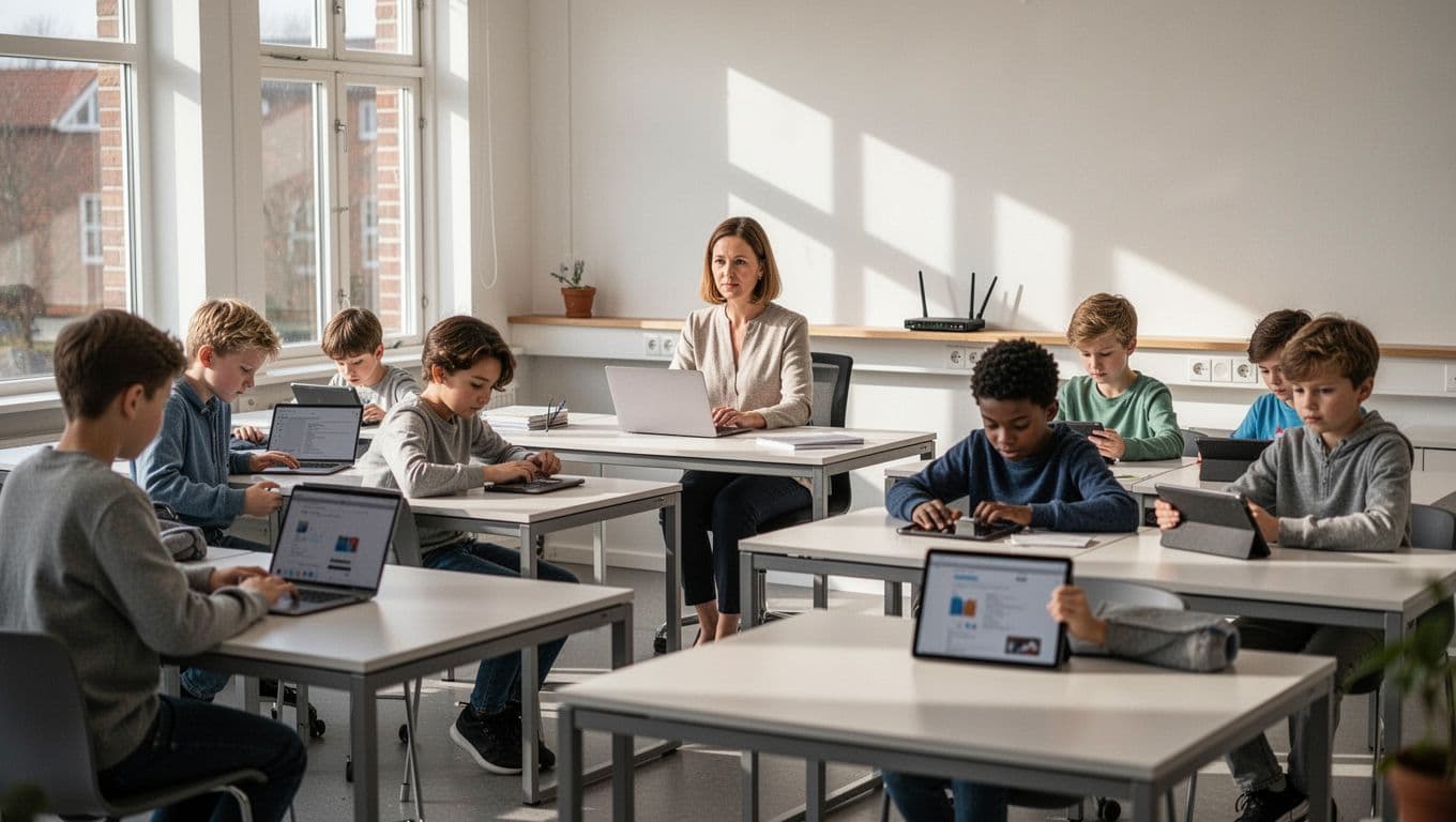 A modern school classroom in Denmark shows six students using laptops and tablets on a stable wireless network, with the teacher at the front desk and a router visible in the background, bathed in bright natural light for a calm learning environment.