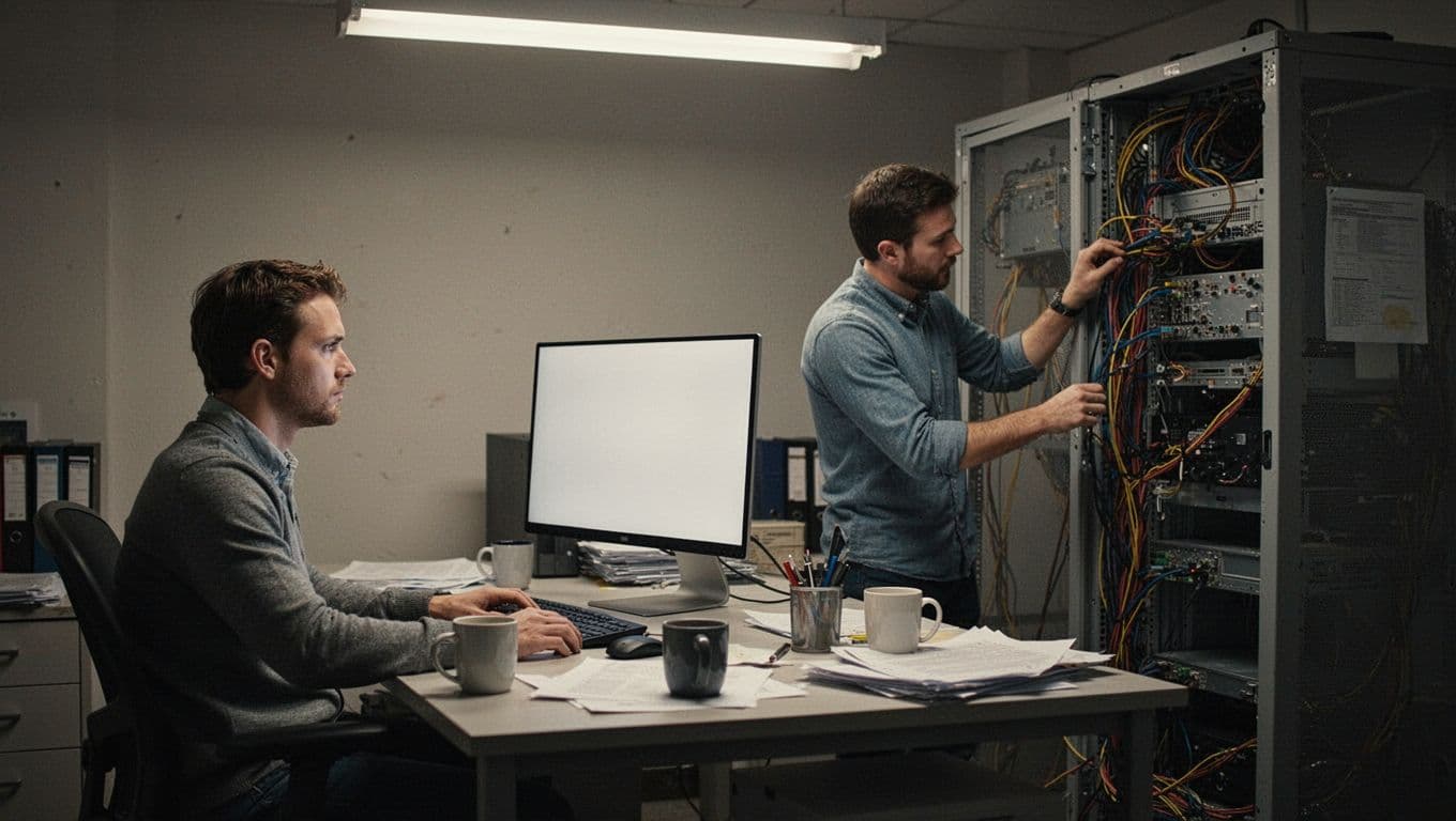 Two frustrated employees in a small Danish office handle IT downtime: one stares at a blank computer screen at a cluttered desk with coffee mugs, the other checks cables behind a server rack under dim fluorescent lighting.