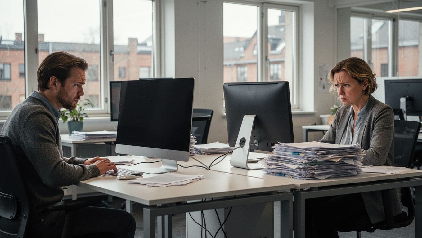 Frustrated workers in a modern Danish office sit at desks with powered-off computers, empty screens, and stacked paperwork, showing irritation in natural daylight from large windows.