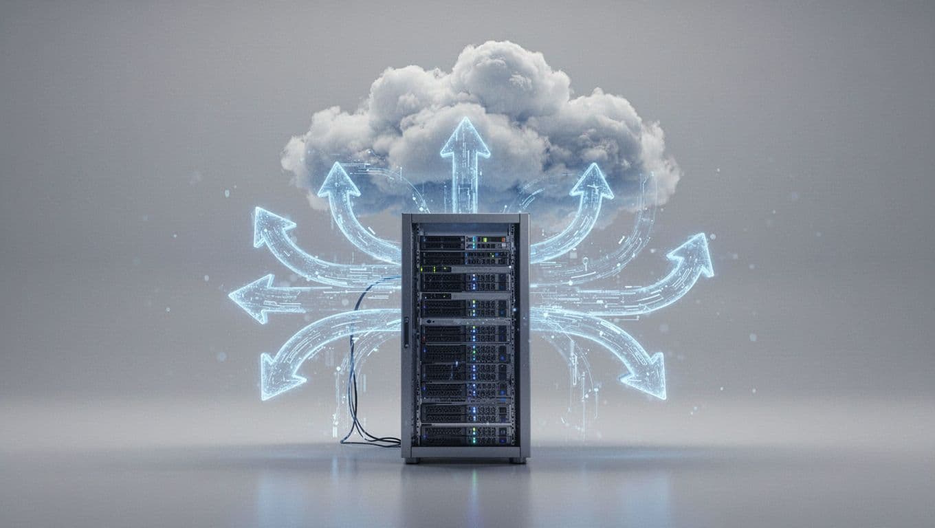 Realistic 3D illustration of a hybrid backup system featuring a local server connected to the cloud via stacks, rendered in blue tones with a simple and clear composition, no text, people, or logos.
