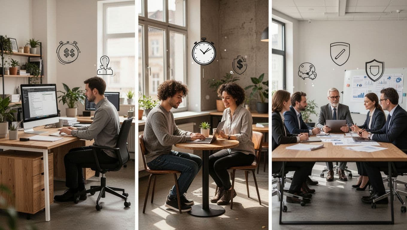 Clean infographic illustrating three IT choices: internal employee at desk, freelancer on laptop at cafe, external team meeting company leader in Danish office style with cost, time, security icons, no text or extra people.