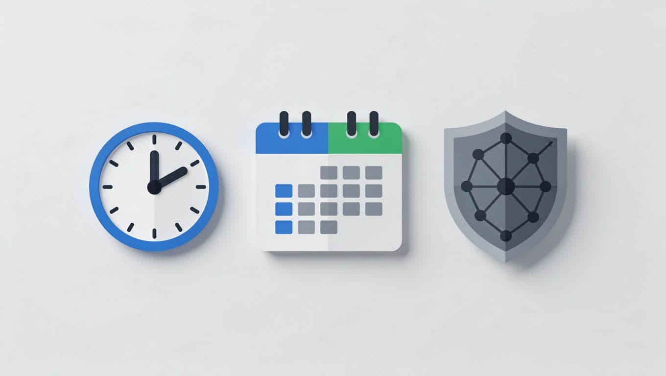 Minimalist flat design icons showing IT support types: clock for time-based help, calendar for monthly agreements, shield and network for full packages, arranged horizontally in blue, green, and gray colors.
