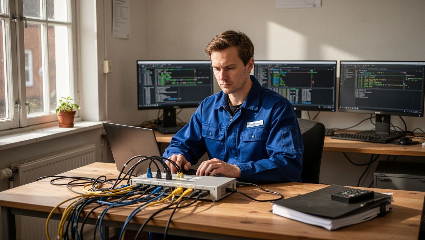 A professional IT technician in blue workwear sits at a desk in a small Danish office, configuring a network router with a laptop amid organized cables and networked computers in natural daylight, emphasizing proactive maintenance to prevent downtime.