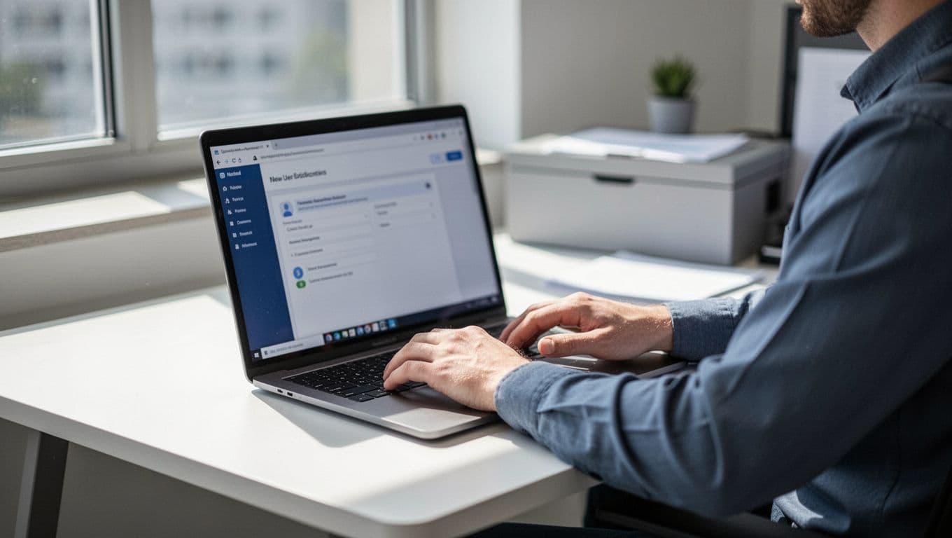 A professional IT technician sits at a modern office desk with a laptop, configuring user setup in the Microsoft 365 admin center. The admin interface is blurred in the background, natural daylight from a window, clean composition focusing on the technician's hands on the keyboard.