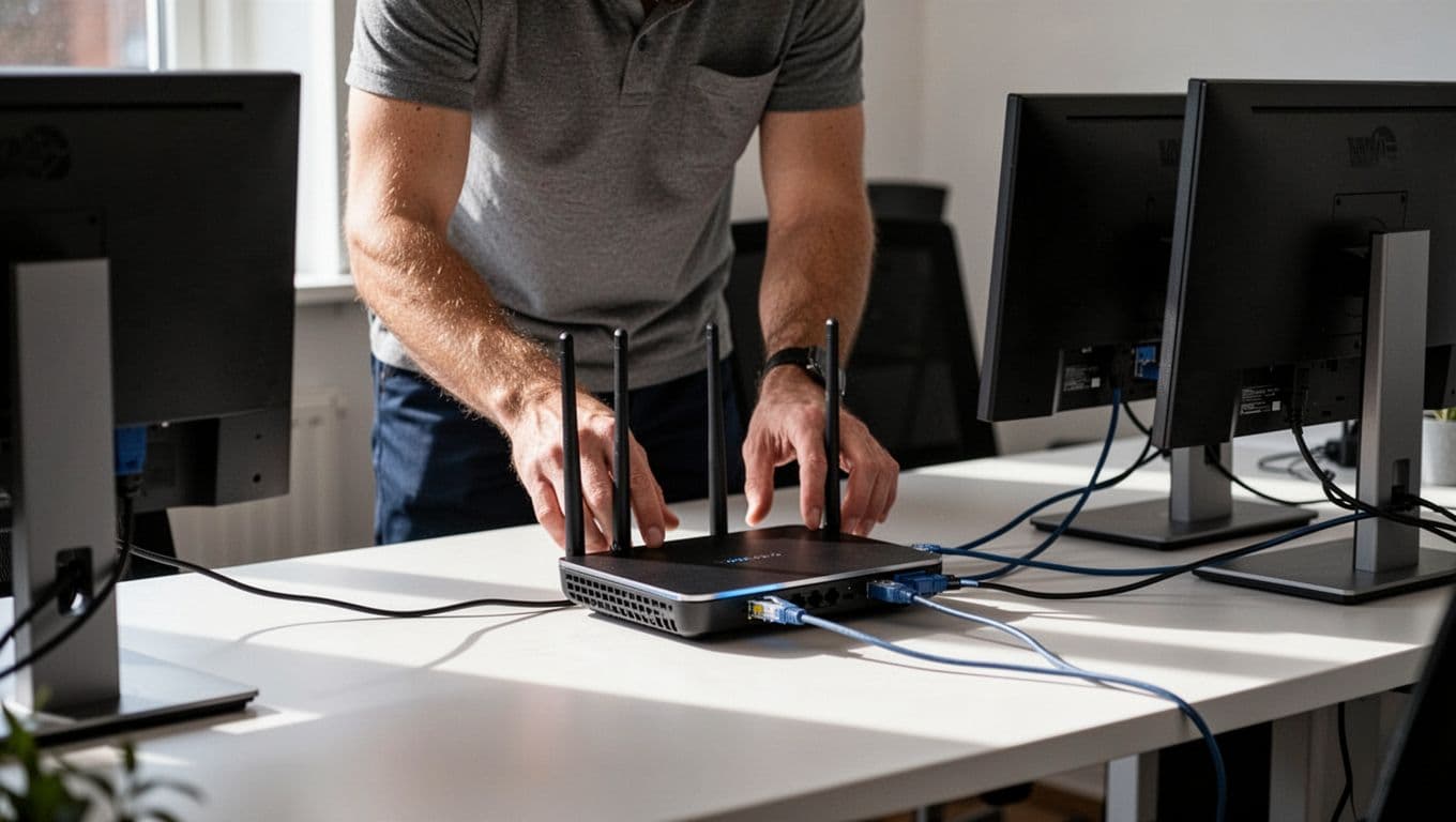 An IT technician installs a WiFi router on a desk in a small modern Danish office, connecting Ethernet cables to two computers, with only hands visible under natural daylight.