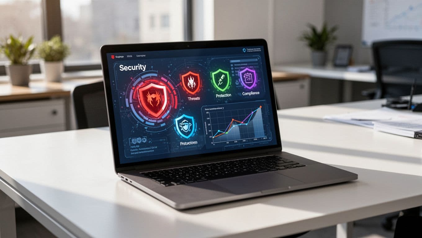 A laptop placed on a clean modern office desk displays an abstract Microsoft 365 security dashboard with icons for threats, protection, and compliance graphs. The screen is slightly angled away from the camera ensuring no text is readable, captured in natural office light with realistic photography and no visible hands, people, logos, or watermarks.