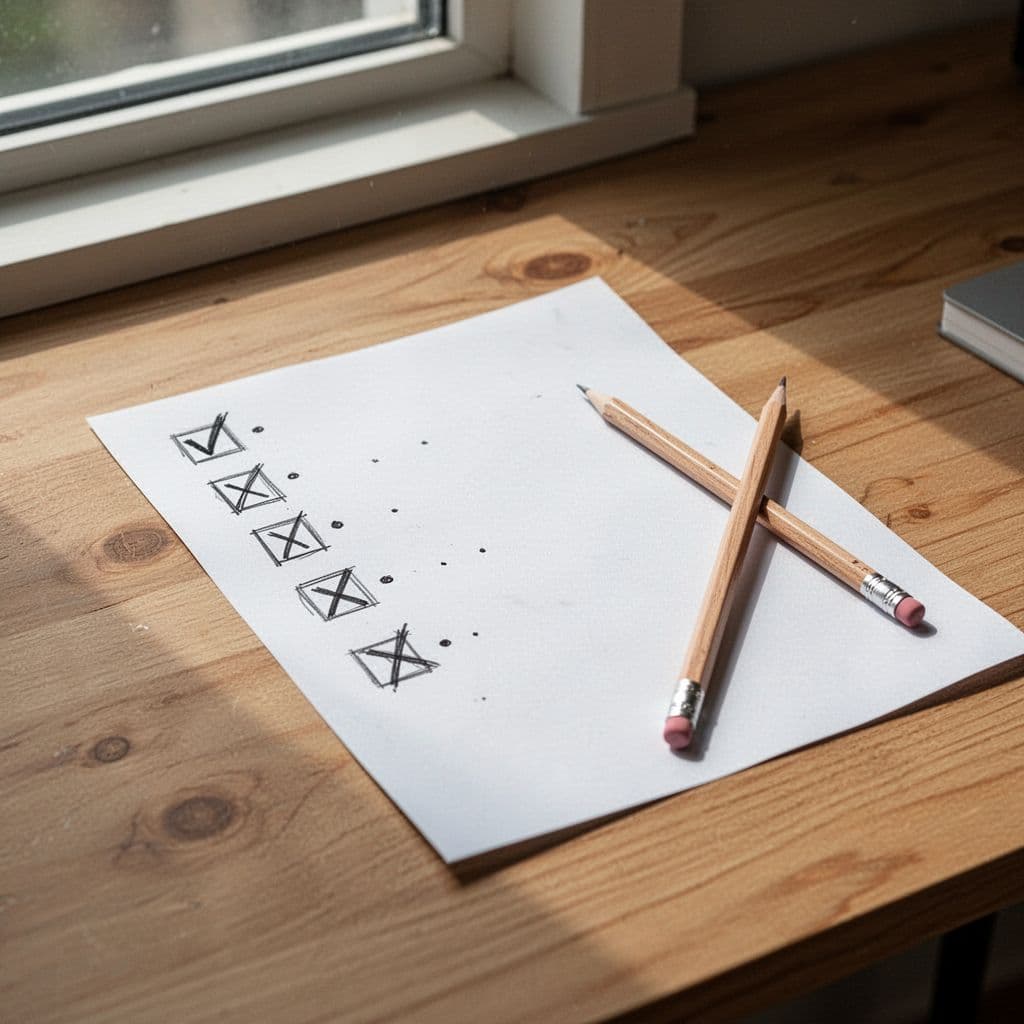 Minimalist lineart illustration of a hand-drawn checklist on white paper with five bullet points and checkmarks on some, placed on a wooden desk beside a pencil under soft daylight.