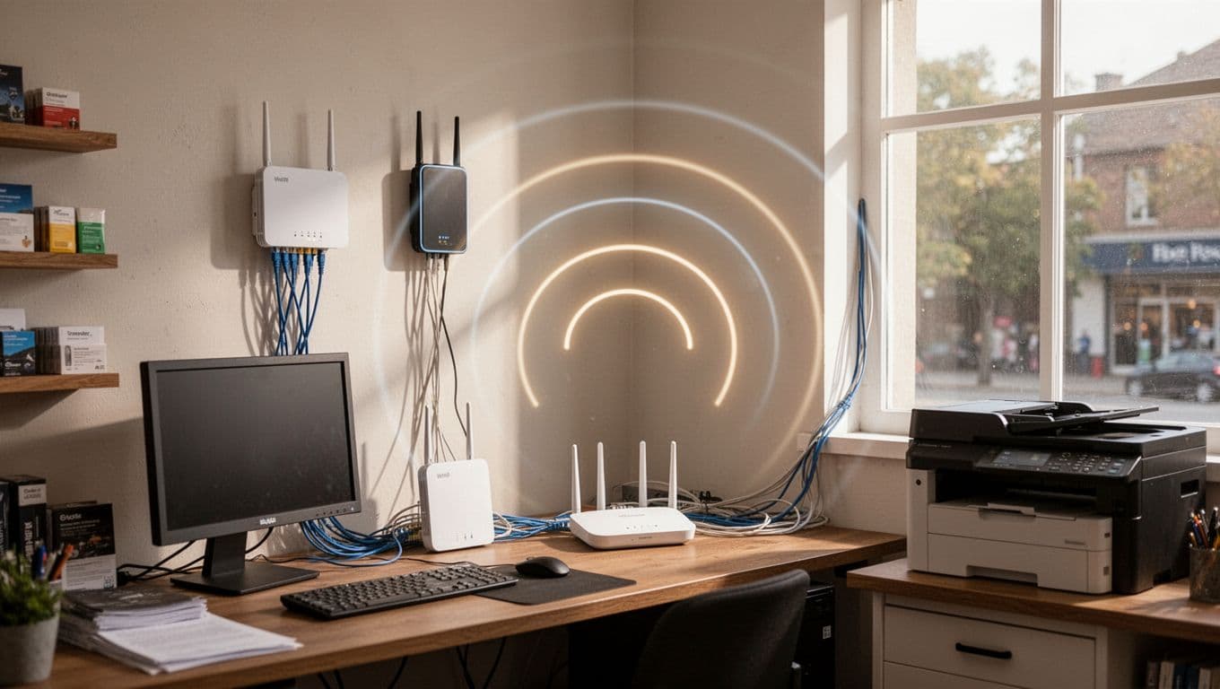 Realistic photo of a small shop or office with strategically placed WiFi router and access point on wall and table, Ethernet cables, computers, and printer showing good signal coverage visually, natural light, no people, text, logos, or watermarks.
