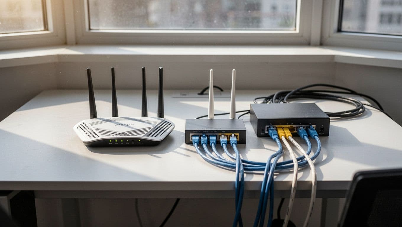 Realistic photo of a modern small office desk featuring a router, switch, and Ethernet cables under natural window daylight, focused solely on the equipment with no people, text, logos, or watermarks.