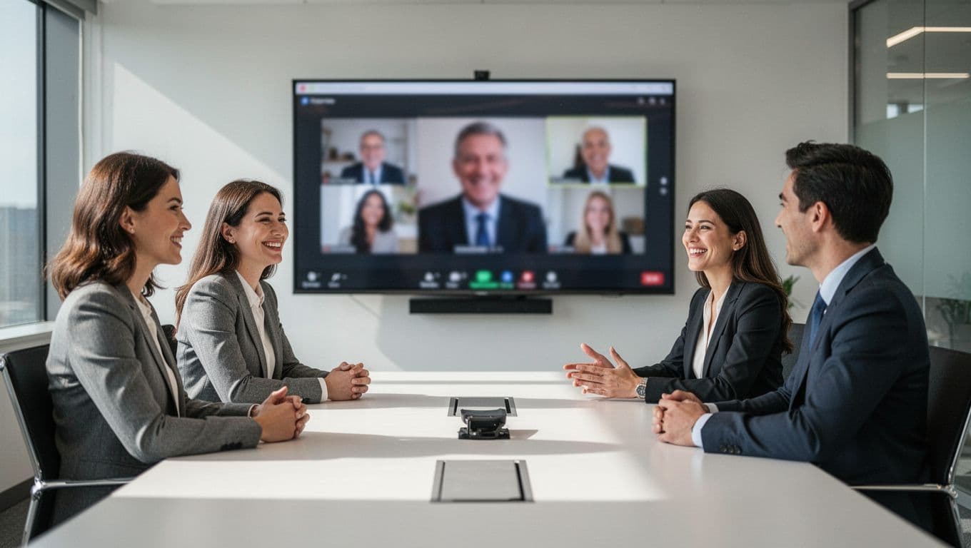 A small team of two or three people in a modern meeting room smiles and discusses while looking at a large screen showing a blurred Microsoft Teams interface in the background. Natural office lighting, wide-angle realistic photo style.