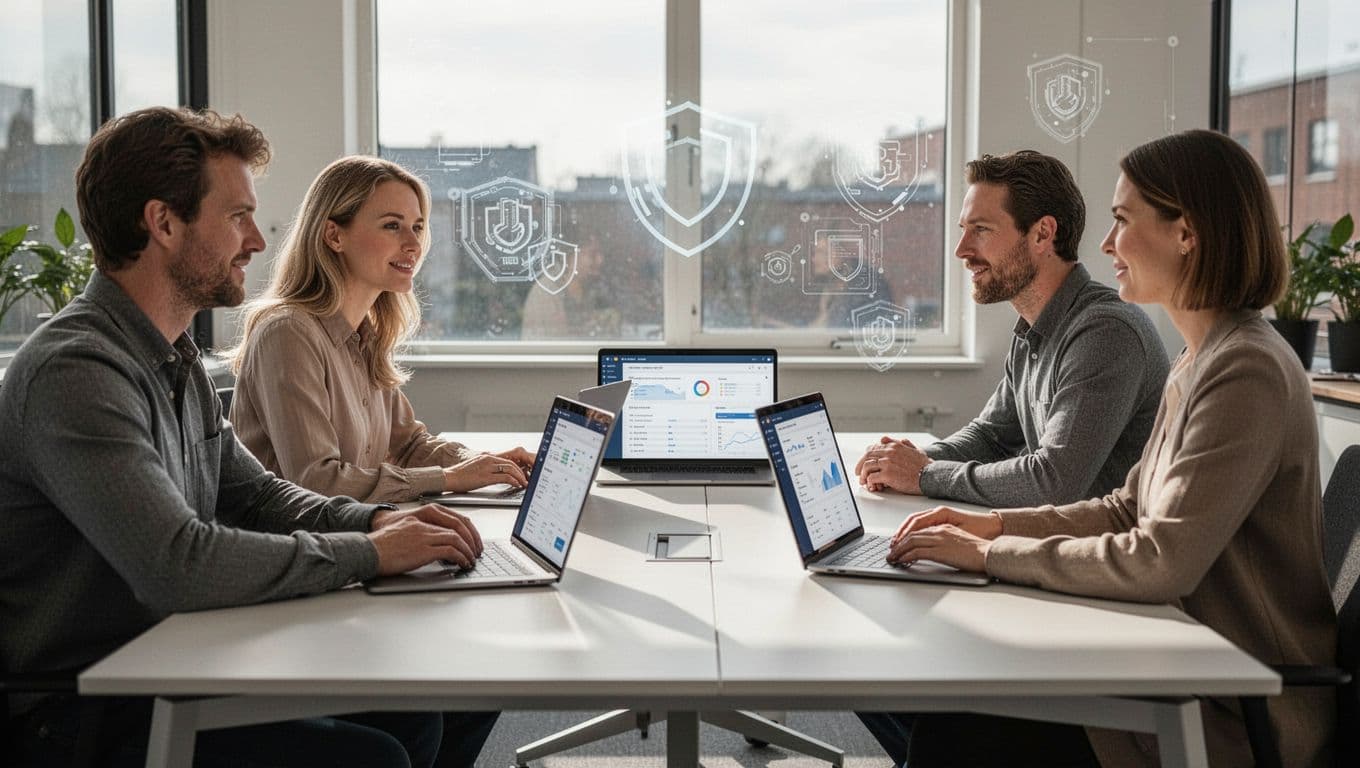 A small team of three people sits around a table in a modern Danish office, laptops open to Microsoft 365 admin center pages, discussing collaboration with subtle security icons in the background and natural daylight.