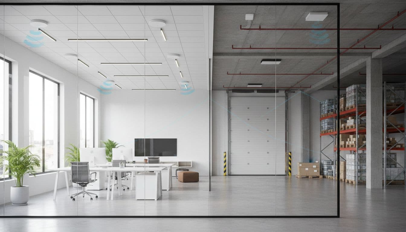 Access points mounted in ceiling of modern office and adjacent warehouse, faint network waves between rooms.