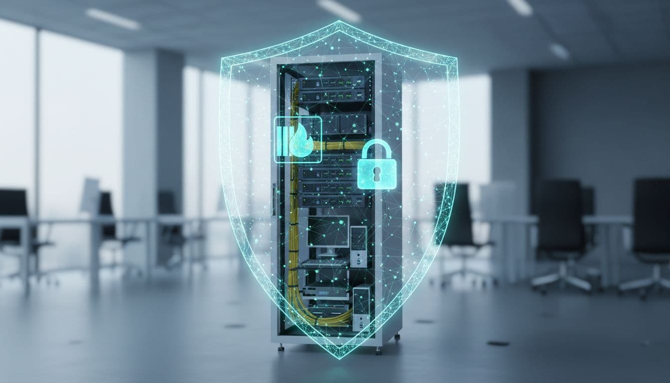 Digital shield encloses computers, servers, and cables in a server rack with glowing firewall and lock icons.