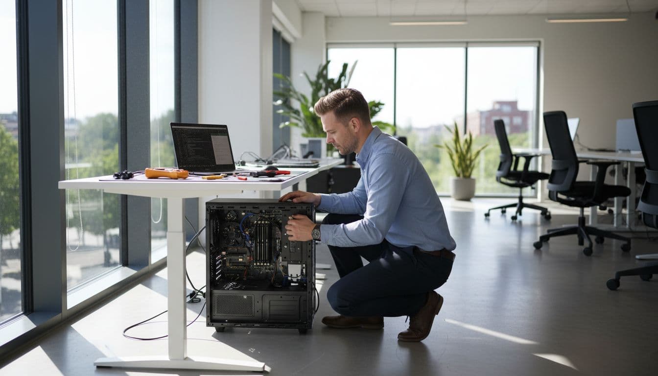Danish IT technician works on computer in modern office with tools nearby and natural window light.