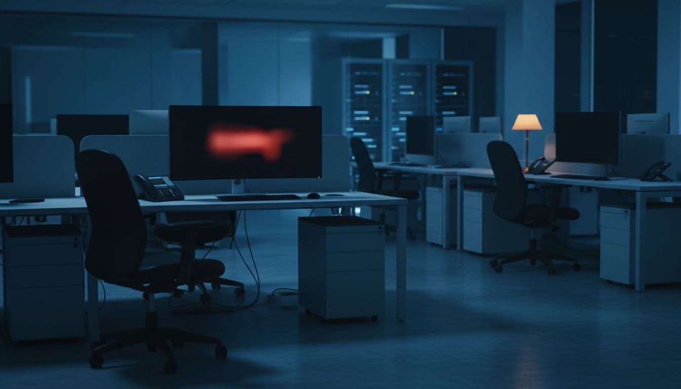 Empty modern office at night with computers on desks, one screen showing vague red error indicator.