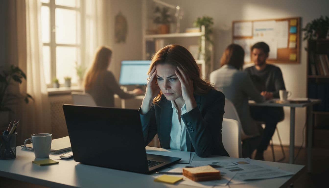 Frustrated businesswoman presses hands to forehead, staring at black laptop screen in small office with colleagues in background.