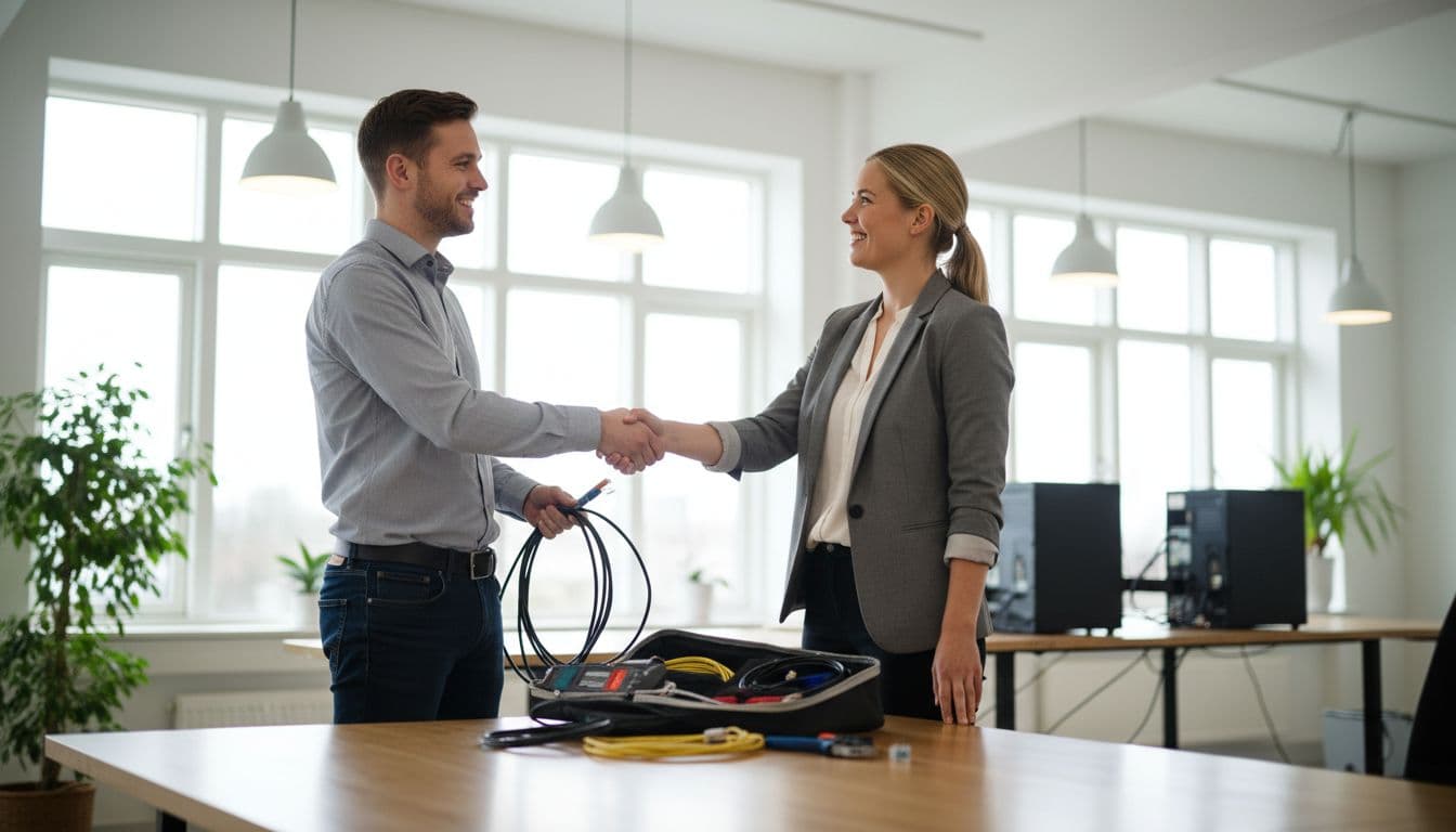 IT technician shakes hands with business owner at desk with network tools in bright modern office.