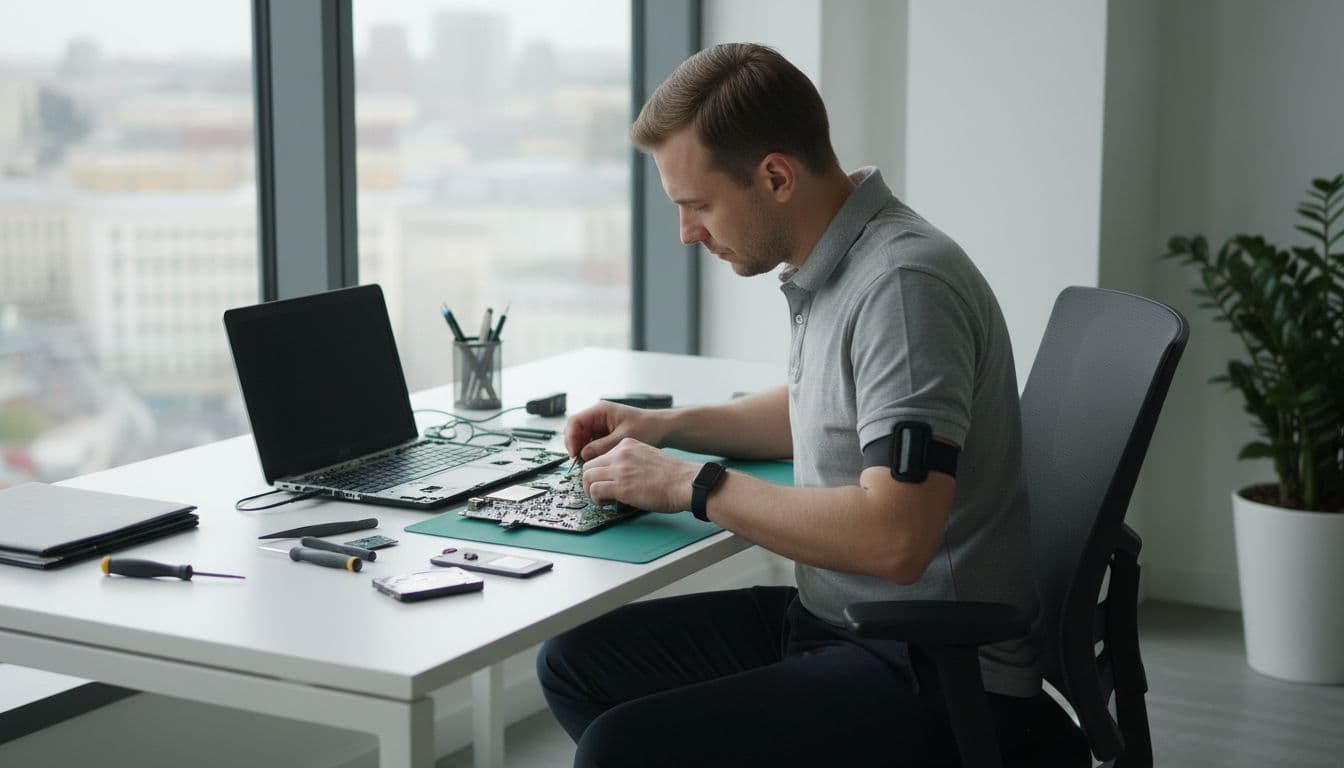 IT technician at modern office desk repairs laptop with screwdrivers and spare parts under window light.