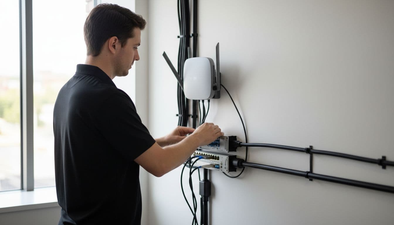 IT technician in black polo shirt works on wall-mounted WiFi router with organized cables in small office, side view.