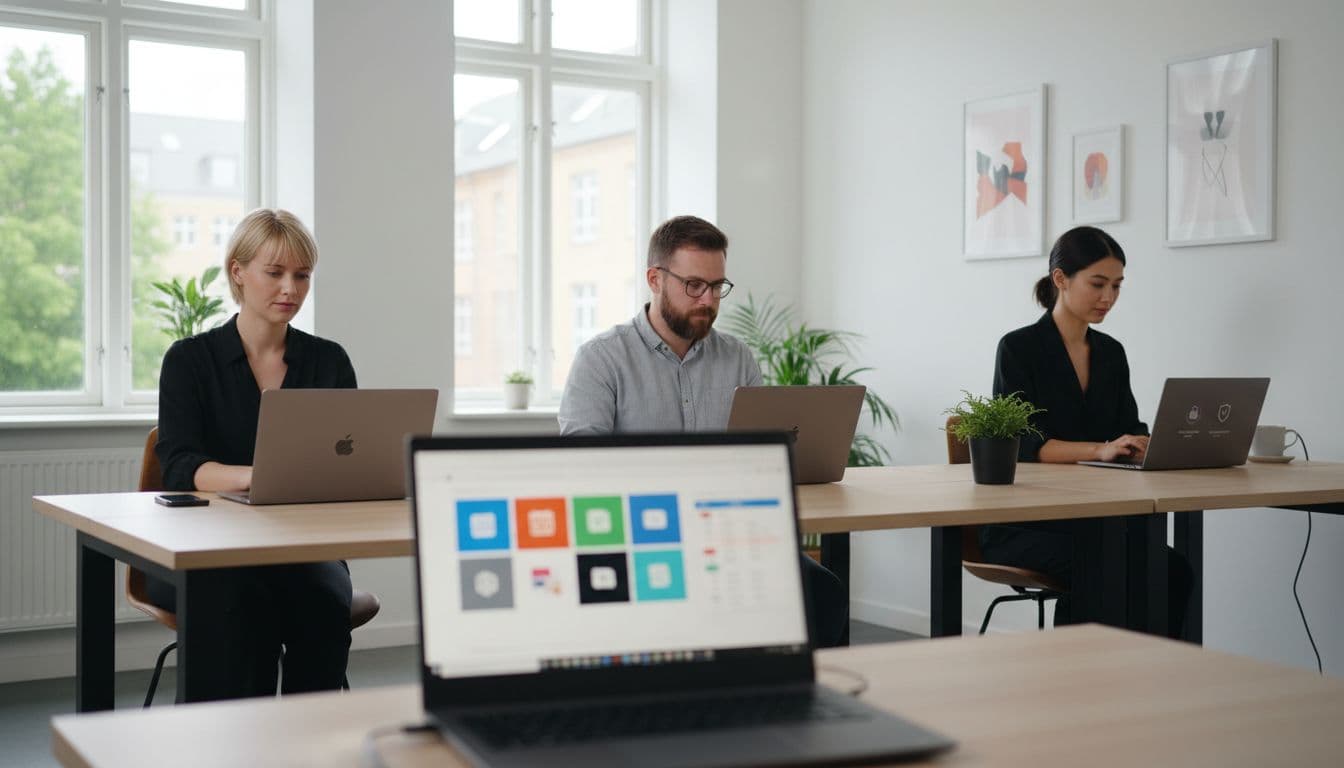 Three employees at separate desks in modern office use laptops showing web apps, desktop Office apps, and security icons.