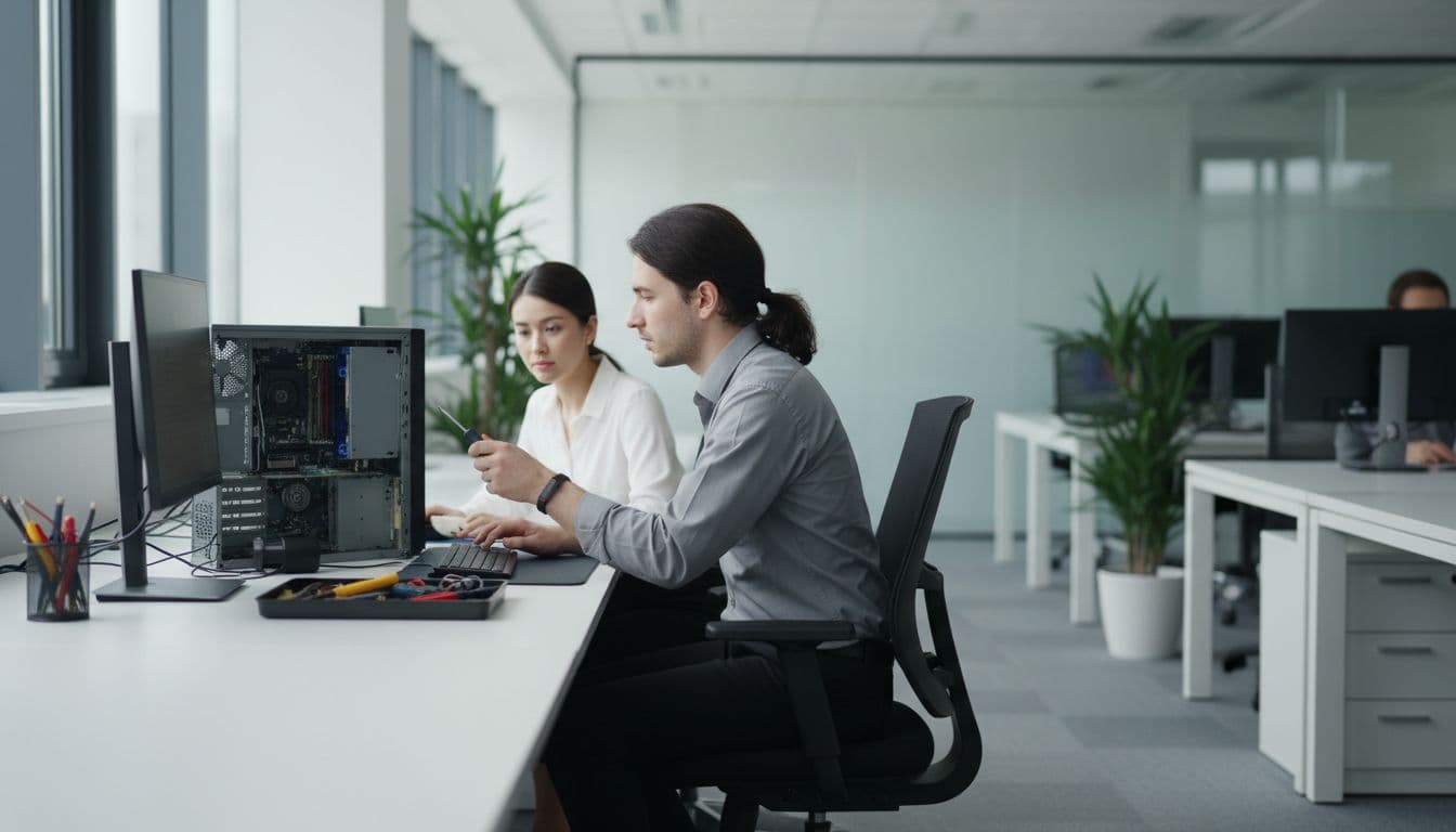 IT technician tests hardware with tools at colleague's desk in modern office, natural daylight from windows.