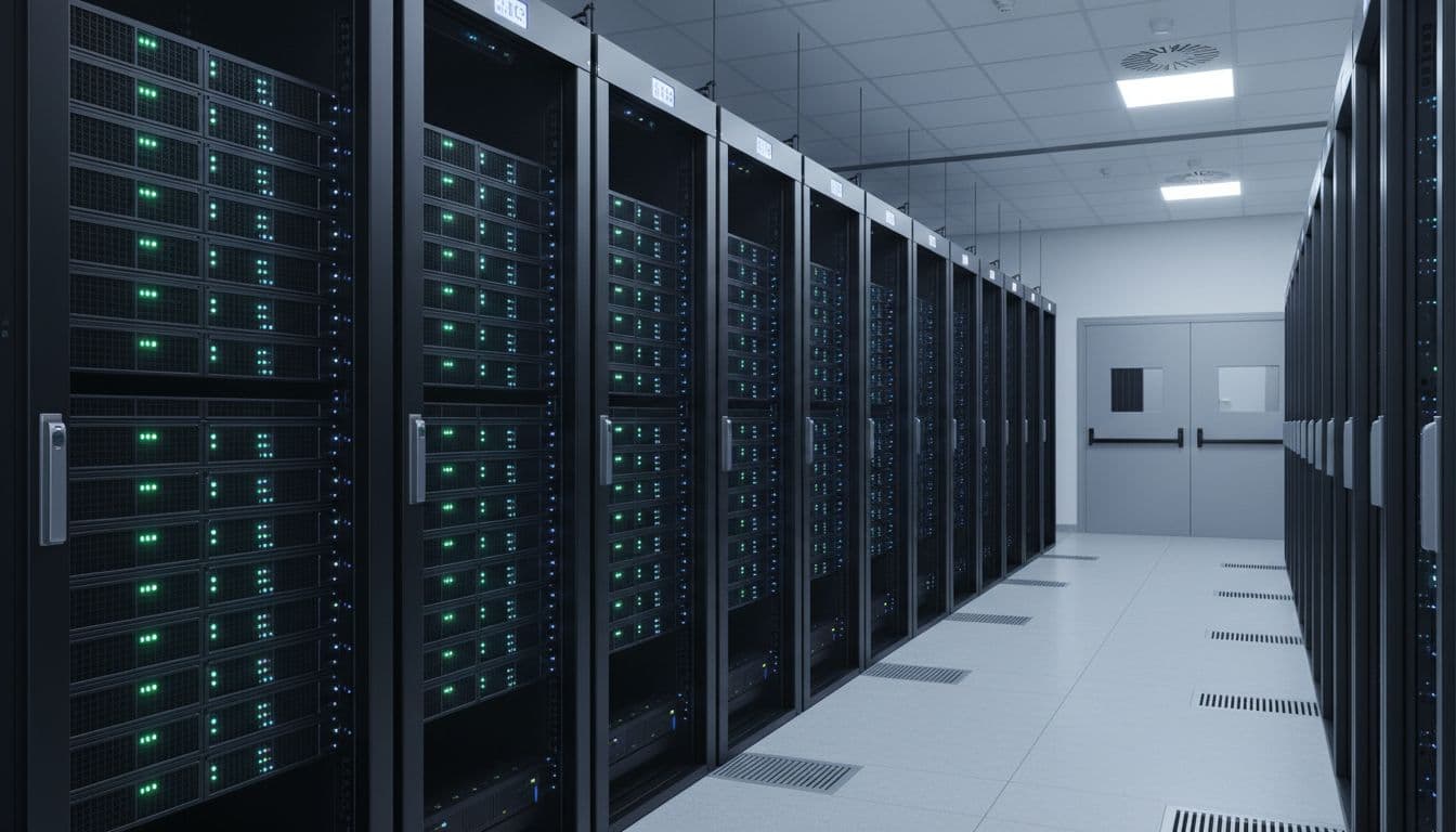 Modern server rack with backup units and blue-green LED indicators in clean datacenter.