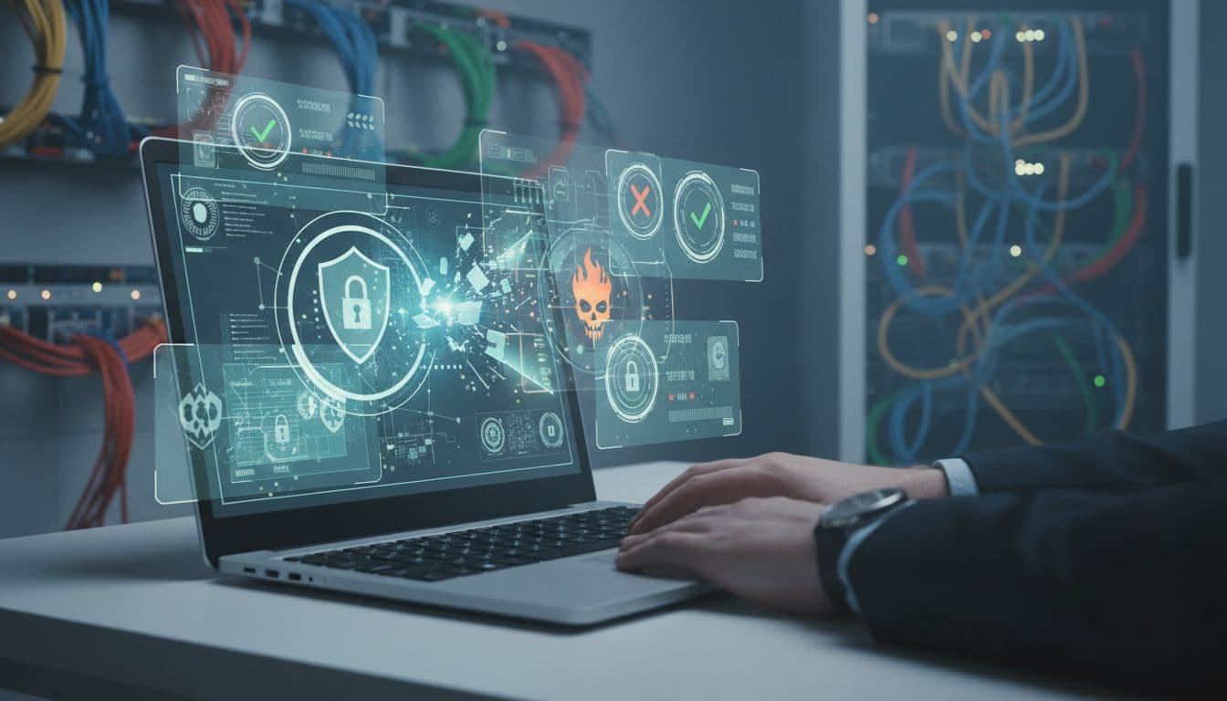 Laptop on desk with resting hand, surrounded by digital shields blocking threat icons, network cables and server rack in background.