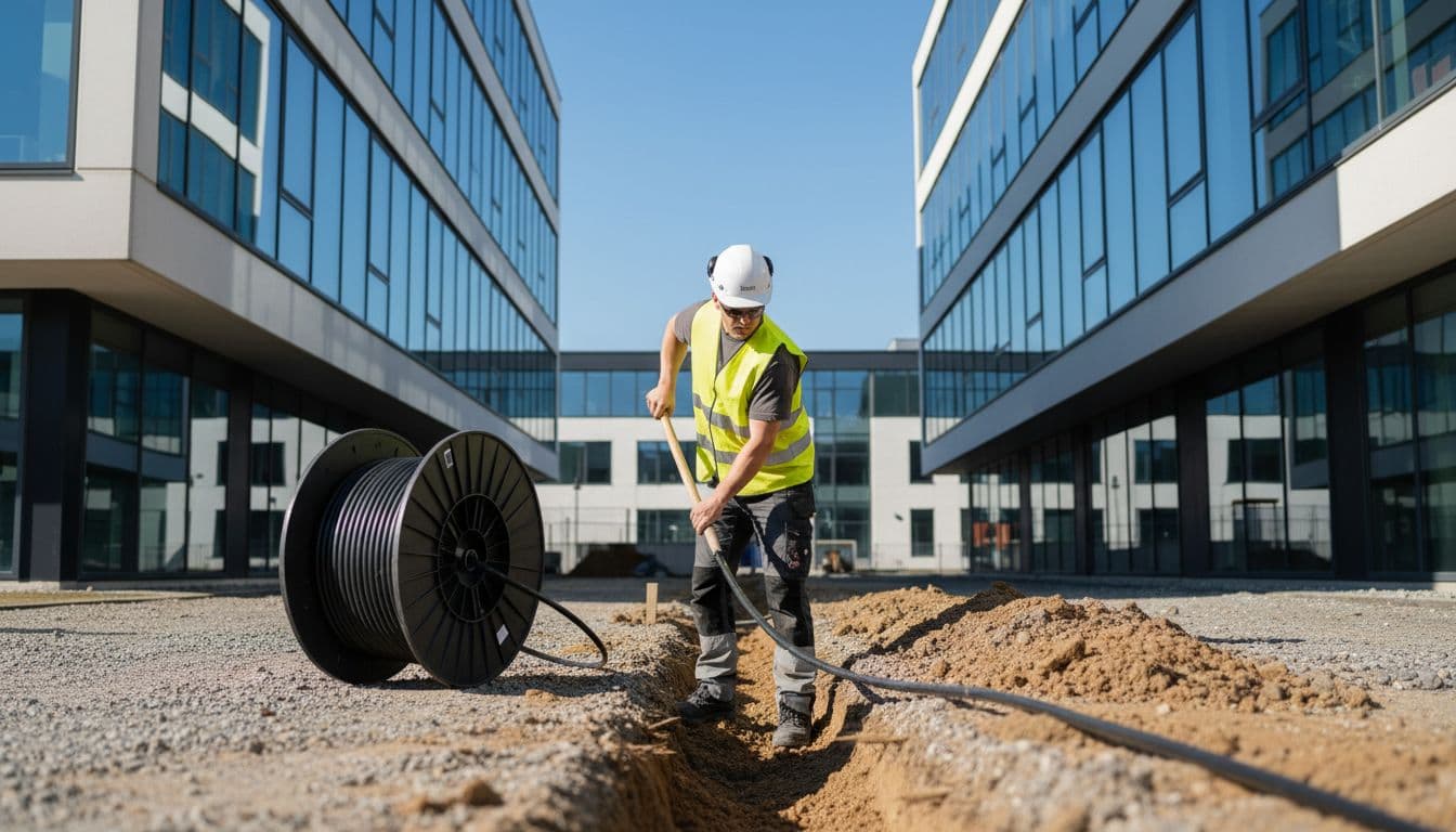 Worker digs trench and lays fiber cable between two industrial buildings on sunny day.