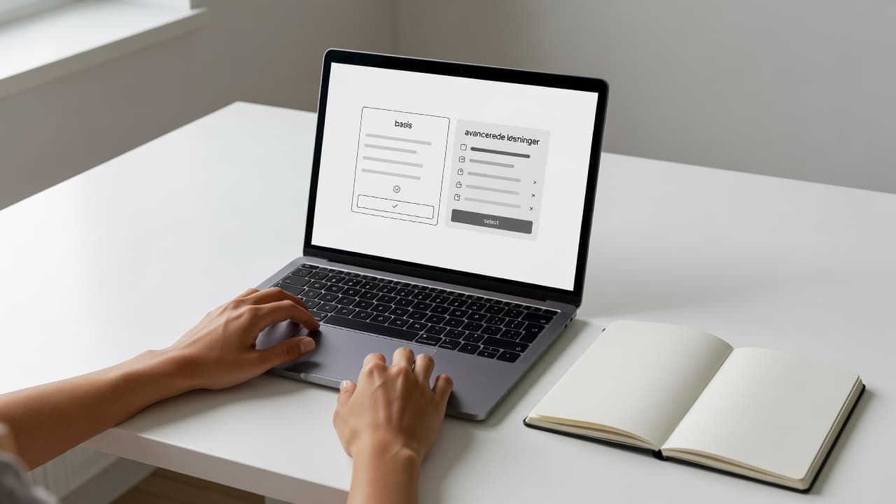 A person rests their hands near a laptop keyboard on a clean desk, where a digital interface displays two distinct subscription tiers side-by-side. Warm natural light illuminates the minimalist workspace.