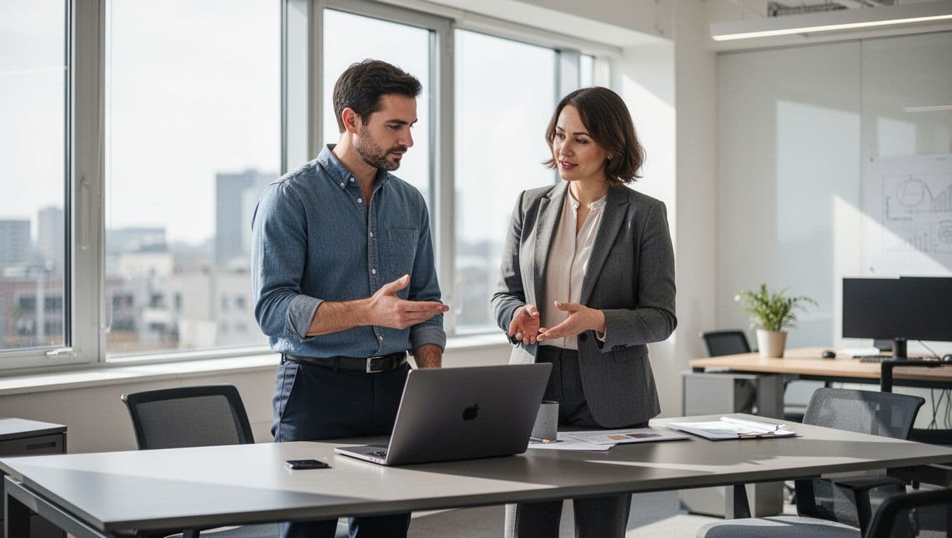 An IT technician and a business owner stand at a desk discussing a laptop screen within a bright modern office. They look engaged in a collaborative planning session about technology upgrades.