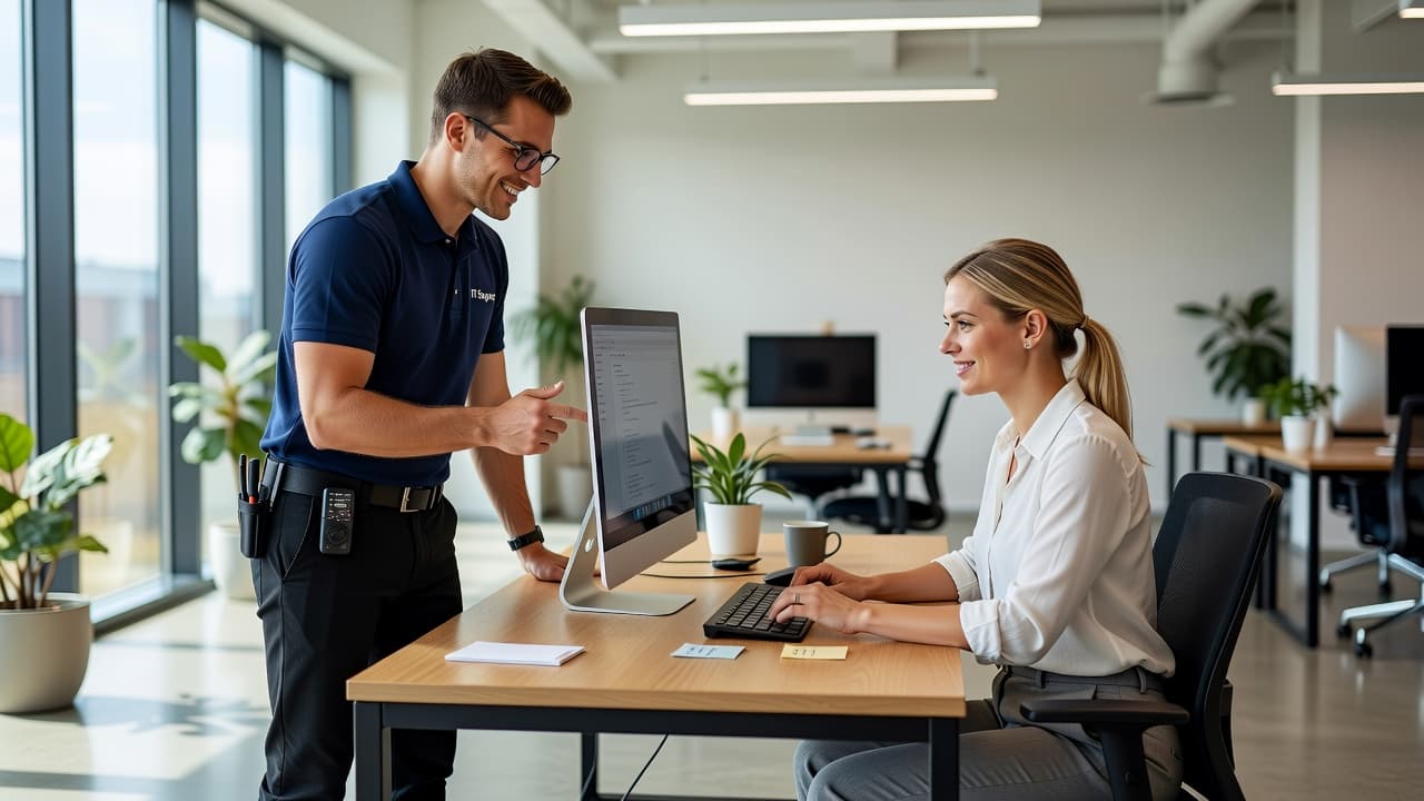 A technician wearing a casual button-down stands beside a desk, gesturing toward a laptop screen while an employee watches. They work in a bright, open-plan office with indoor greenery nearby.