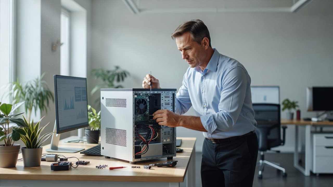 A focused technician sits at a sleek desk using a modern computer in a brightly lit office. The space features clean lines and large windows that provide soft natural illumination.