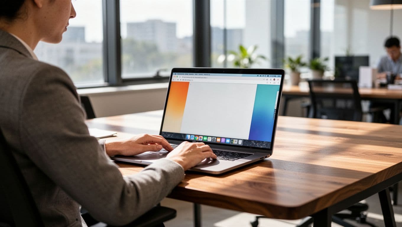 A sleek laptop sits on a clean wooden desk inside a bright modern office. The background shows a softly blurred workspace environment, emphasizing a calm and focused professional atmosphere for productivity.