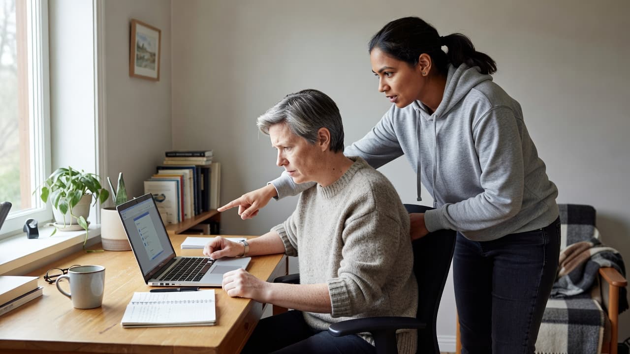 En person sidder foran en bærbar computer ved et lyst skrivebord, mens en ven står ved siden af og peger på skærmen for at løse et teknisk problem i stuen.