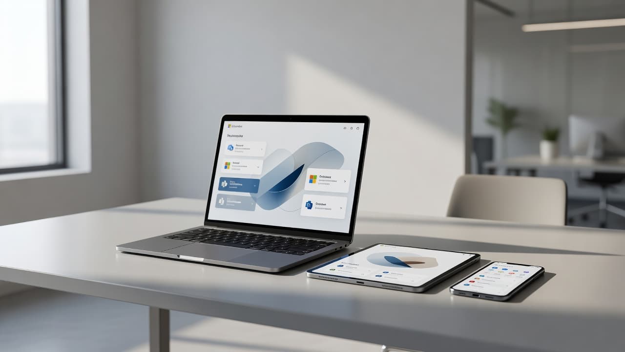 En bærbar computer, en tablet og en smartphone ligger placeret på et minimalistisk skrivebord. Blødt dagslys strømmer ind gennem vinduet og skaber en ren og professionel atmosfære til arbejdsopgaver.