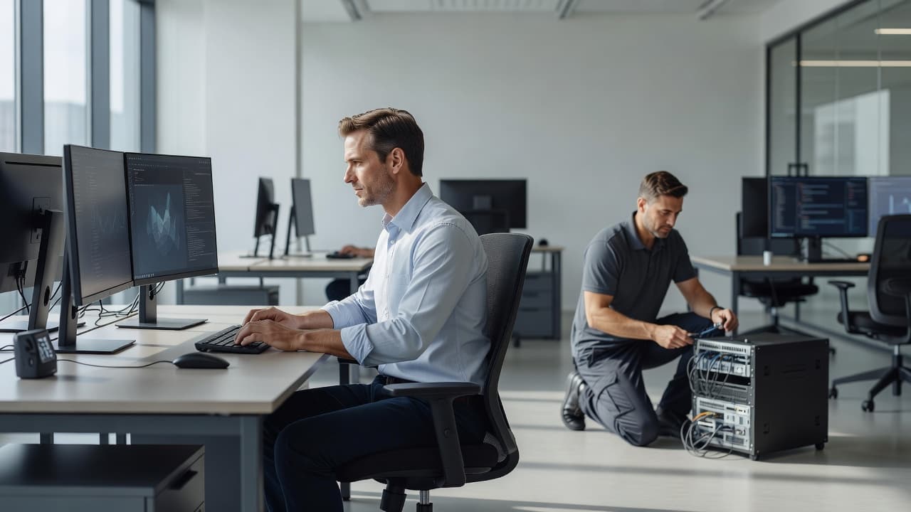 En medarbejder arbejder fokuseret ved en computer på et kontor, mens en tekniker i baggrunden inspicerer netværksudstyr. Moderne kontorindretning med naturligt lys fremhæver samarbejdet og den gode orden i virksomheden.