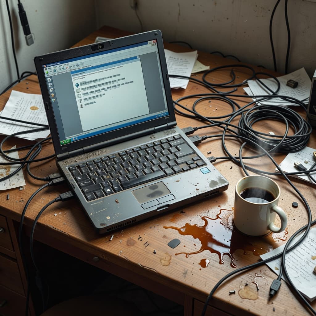 En støvet bærbar computer står åben på et træbord omgivet af filtrede ledninger og en spildt kop kaffe. Det bløde dagslys fra et nærliggende vindue fremhæver det rodede og forsømte arbejdsområde.