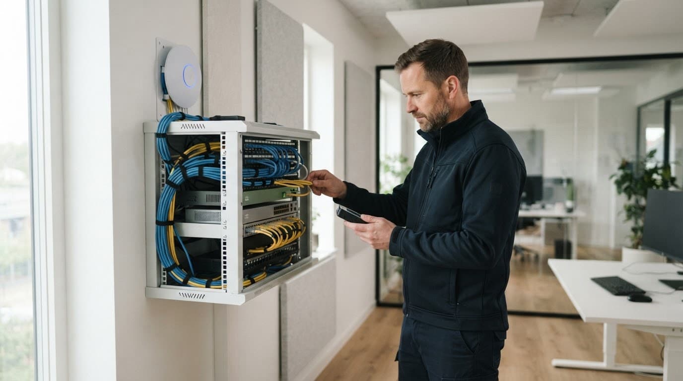 En IT-tekniker kontrollerer et ryddeligt netværksrack og et trådløst adgangspunkt i et lyst kontor.