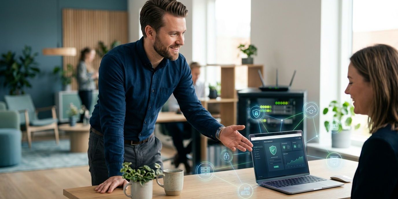 Moderne IT-Sikkerhed På Kontoret En IT-konsulent peger på en bærbar computer i et lyst kontor med netværksudstyr.