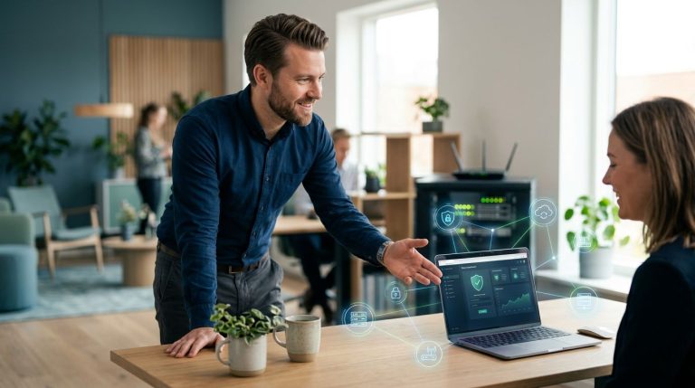 En IT-konsulent peger på en bærbar computer i et lyst kontor med netværksudstyr.