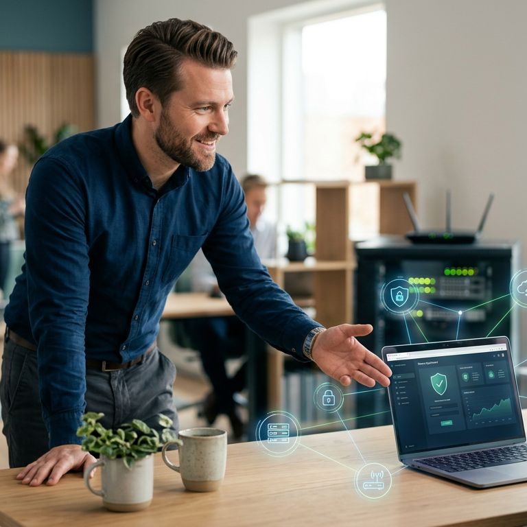 En IT-konsulent peger på en bærbar computer i et lyst kontor med netværksudstyr.