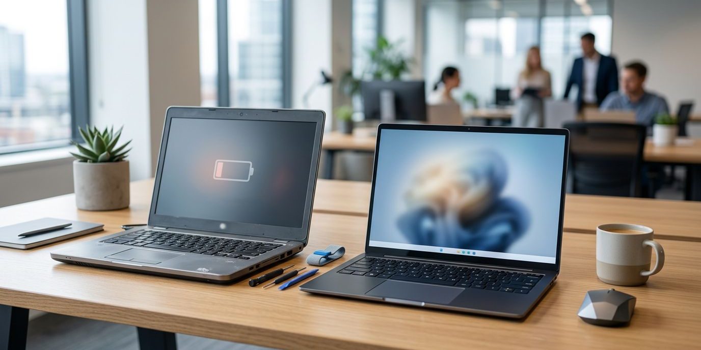 Udskiftning Af Virksomhedens Computere To bærbare computere står på et ryddeligt skrivebord med værktøj og batteriindikator.