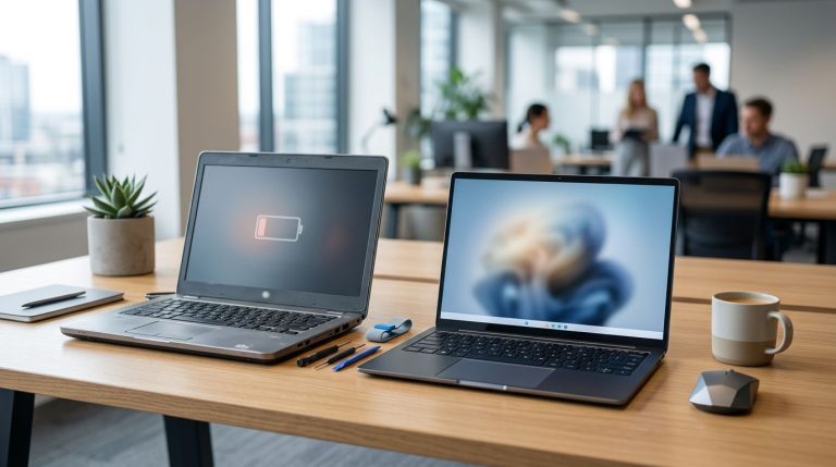 To bærbare computere står på et ryddeligt skrivebord med værktøj og batteriindikator.