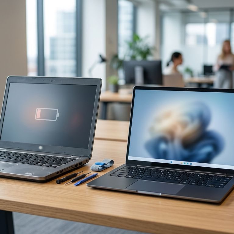 To bærbare computere står på et ryddeligt skrivebord med værktøj og batteriindikator.