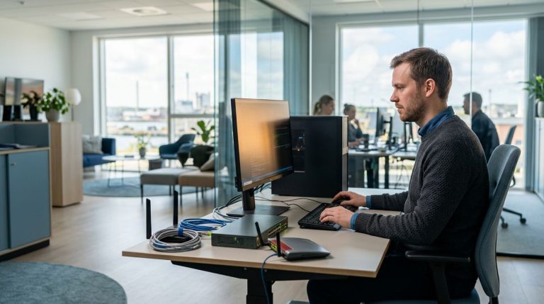 IT-tekniker arbejder med computer og netværksudstyr i et lyst kontor.