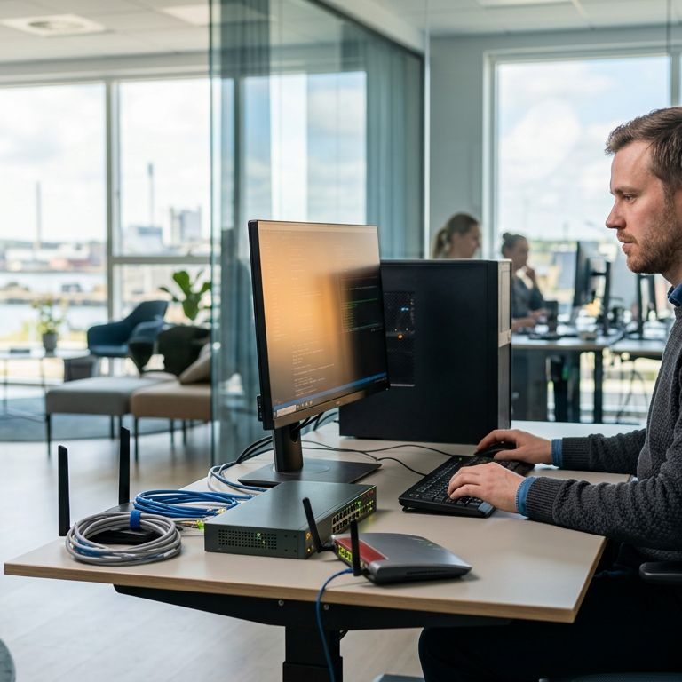 IT-tekniker arbejder med computer og netværksudstyr i et lyst kontor.