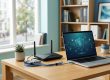 Bærbar computer og Wi-Fi-router på et ryddeligt kontor med diskret cybersikkerhed.