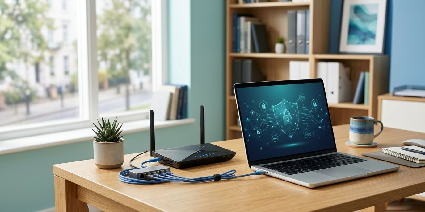 Moderne Kontor Med IT-Sikkerhed Bærbar computer og Wi-Fi-router på et ryddeligt kontor med diskret cybersikkerhed.
