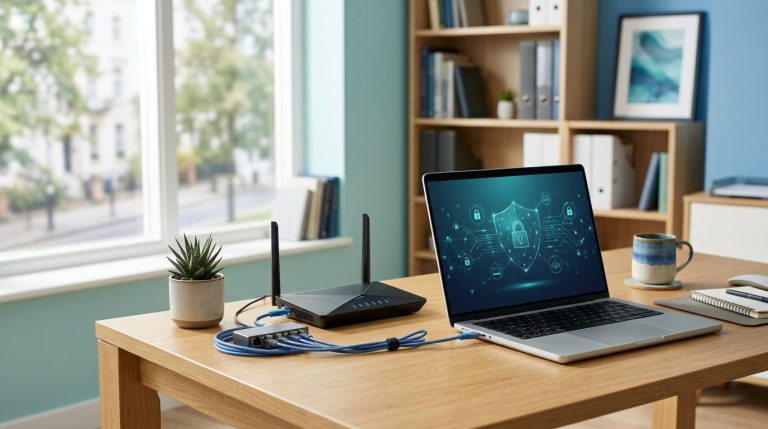 Bærbar computer og Wi-Fi-router på et ryddeligt kontor med diskret cybersikkerhed.